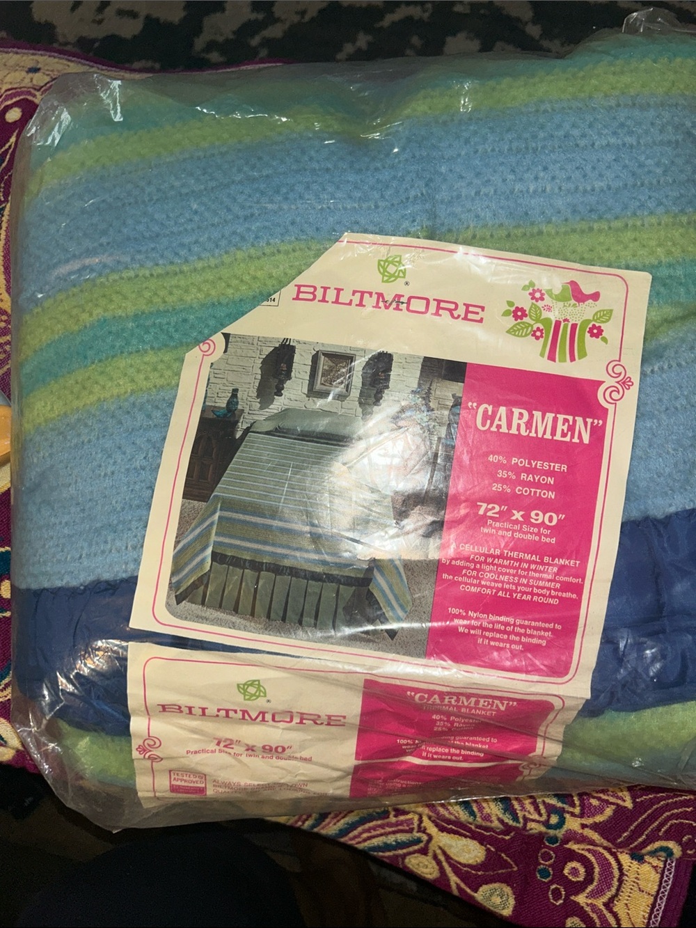 NWT Biltmore vintage thermal blanket in blue hues and yellow colors - Picture 2 of 7